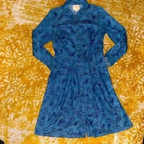 ModCloth 100% cotton palm print chambray button down midi dress NWOT L - Picture 1 of 5